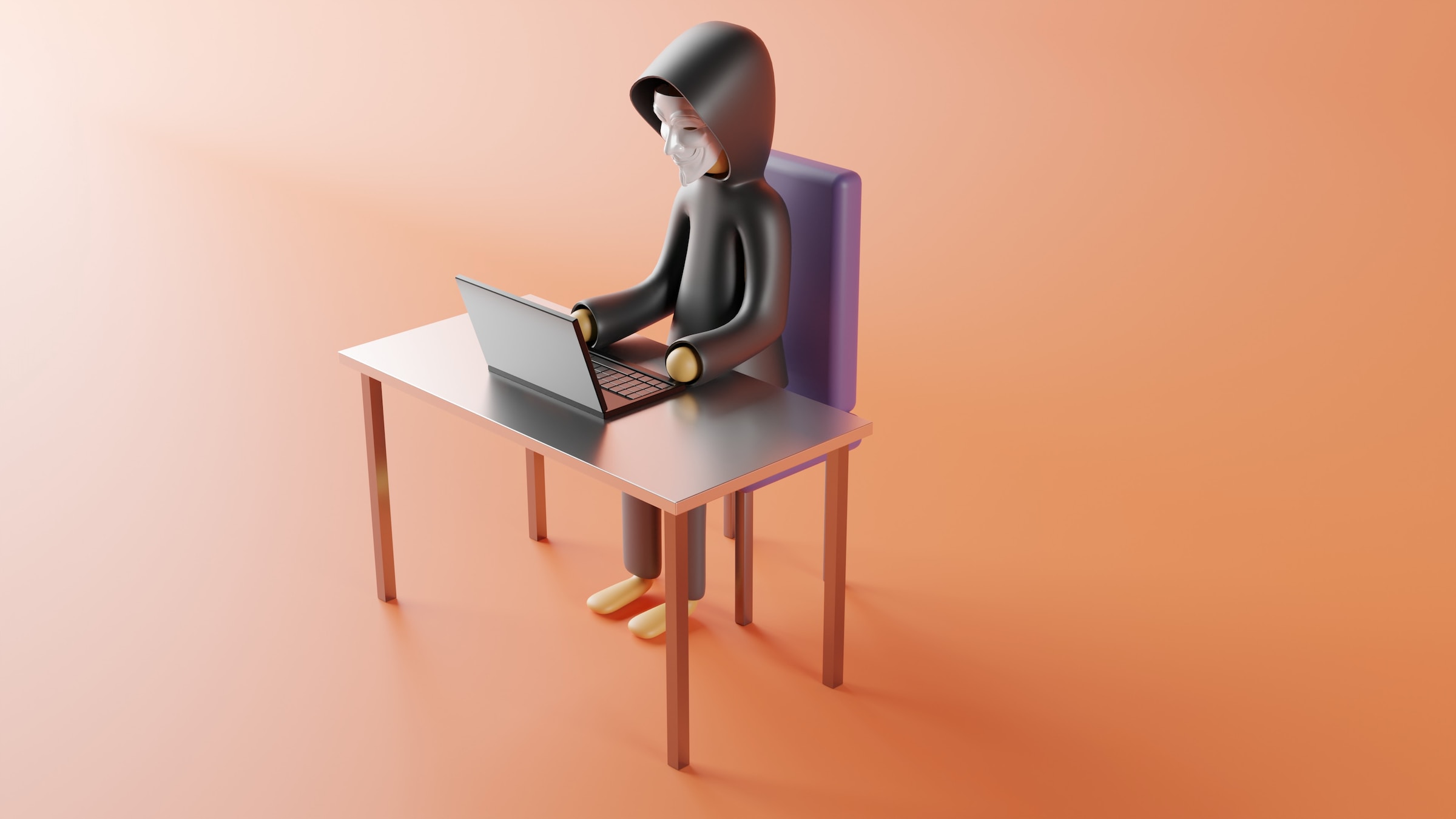 animated vector of man sitting with a mask on, on a table with laptop