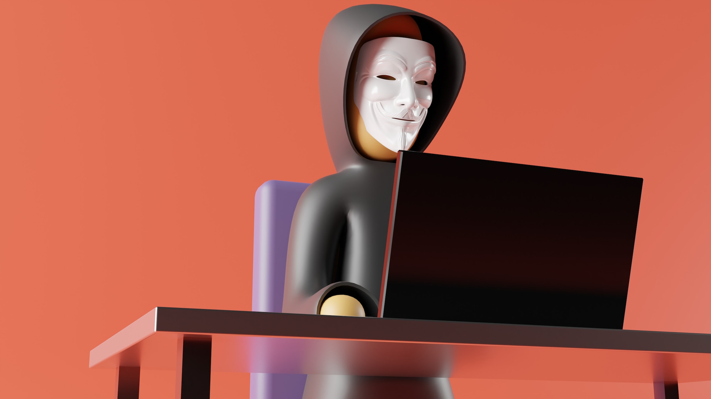 animated picture of hacker with mask sitting behind a laptop